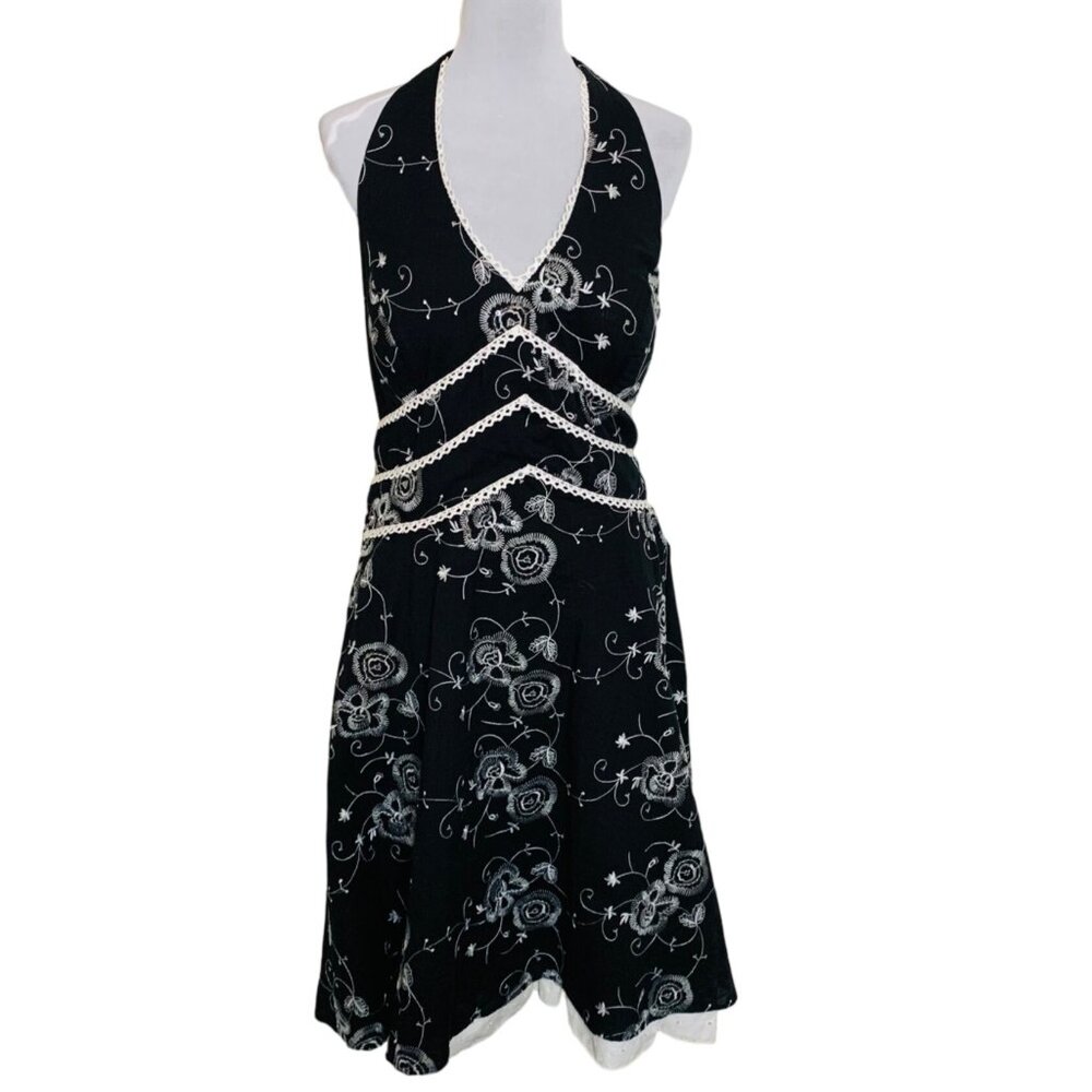 I.N. Studio Embroidered Sequin Halter Dress Size 14 Ruffle Tiered Eyelet V Neck